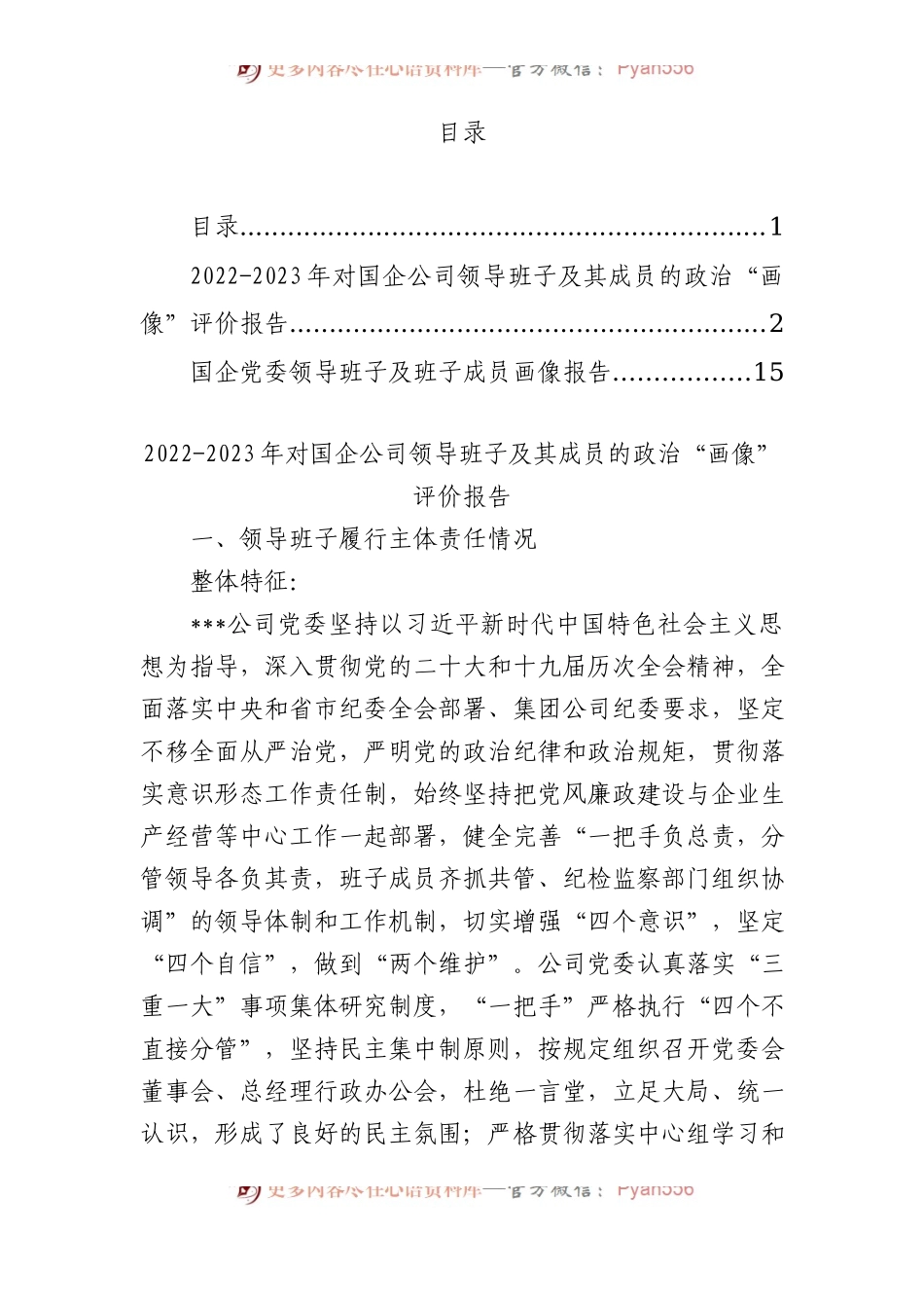 2023年对国企公司领导班子及其成员的政治“画像”评价报告.docx_第1页