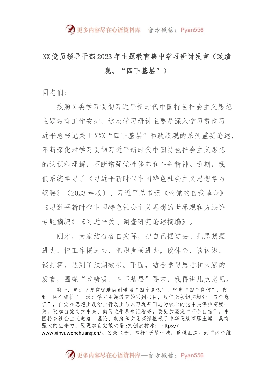 XX党员领导干部2023年主题教育集中学习研讨发言（政绩观、“四下基层”）.docx_第1页