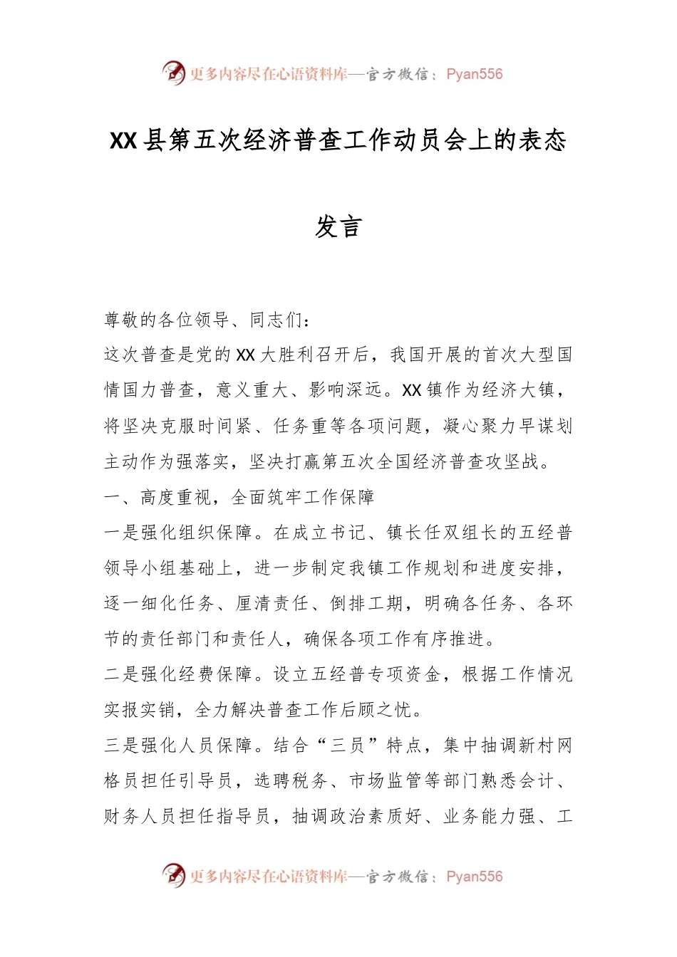 XX县第五次经济普查工作动员会上的表态发言.docx_第1页