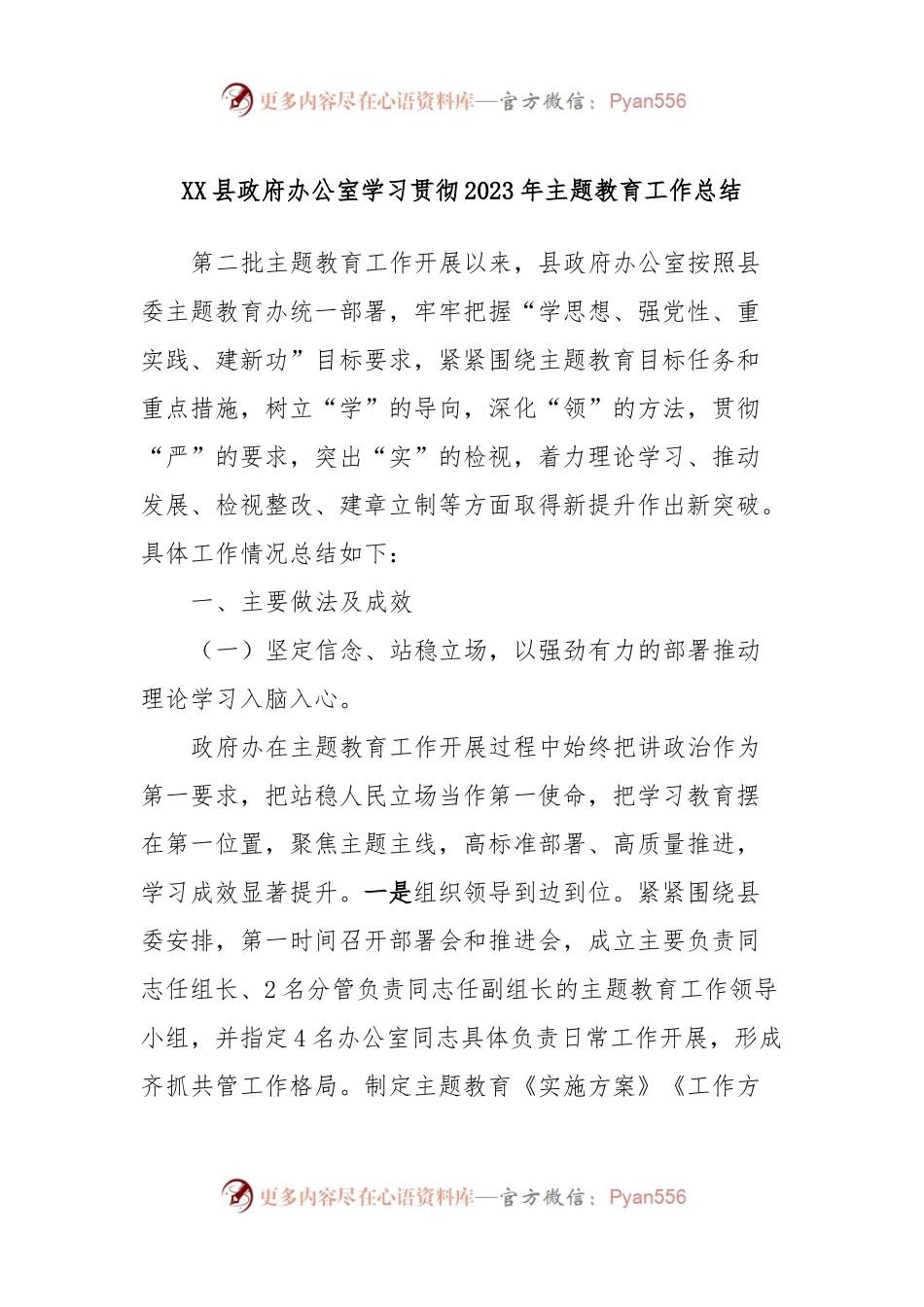 XX县政府办公室学习贯彻2023年主题教育工作总结.docx_第1页