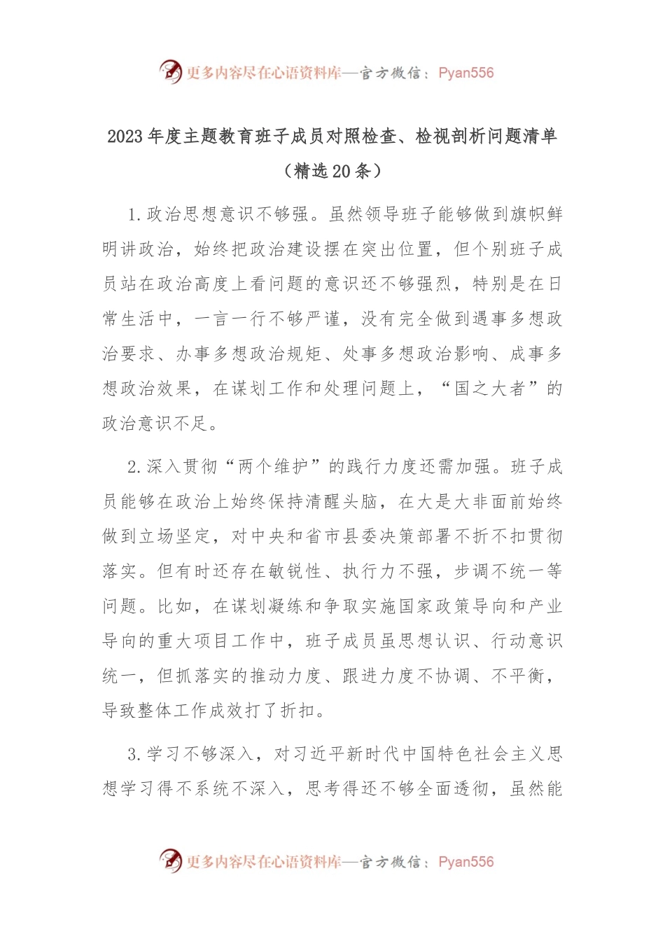 2023年度主题教育班子成员对照检查、检视剖析问题清单（精选20条）.docx_第1页