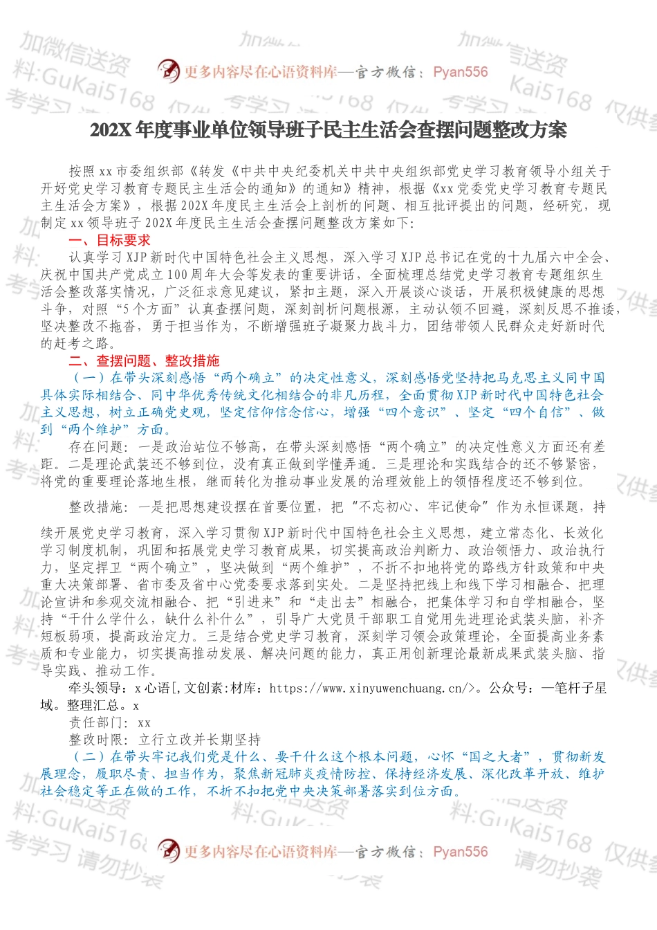 20XX年度事业单位领导班子民主生活会查摆问题整改方案.docx_第1页