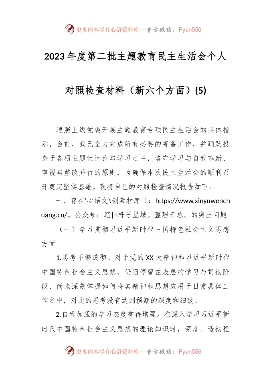 2023年度第二批主题教育民主生活会个人对照检查材料（新六个方面） (5).docx_第1页