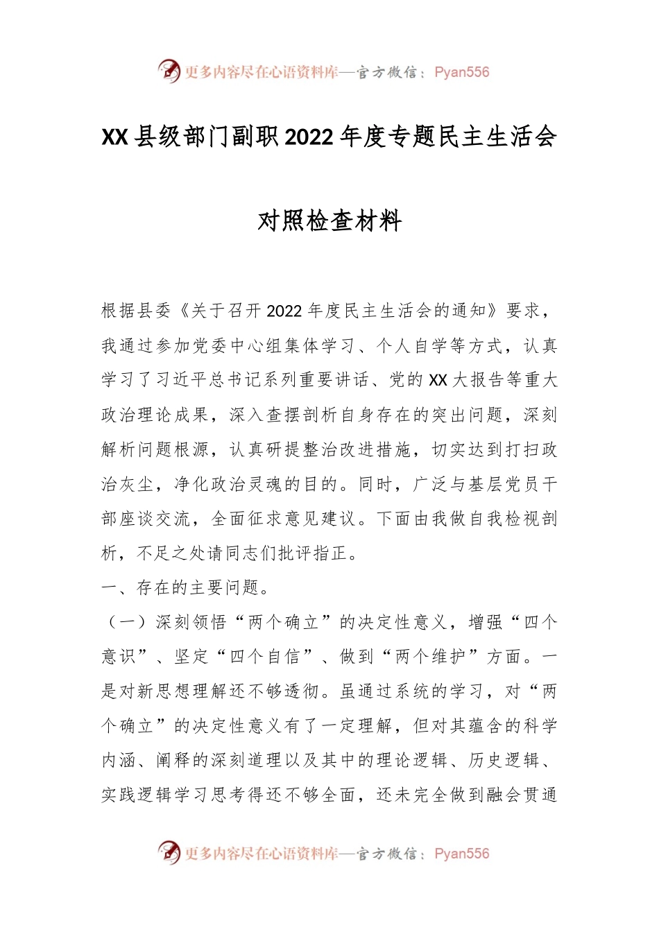 XX县级部门副职2022年度专题民主生活会对照检查材料.docx_第1页