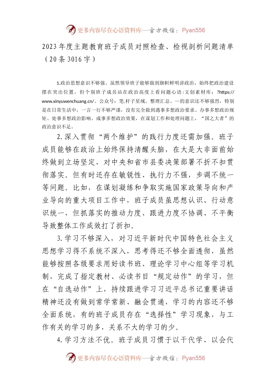 2023年度主题教育班子成员对照检查、检视剖析问题清单.docx_第1页