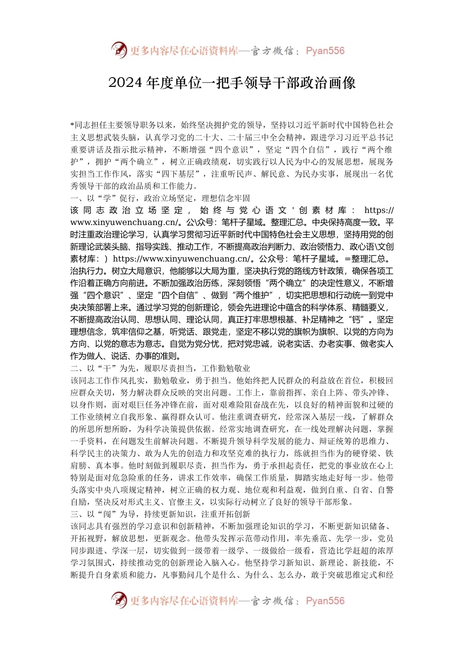2024年度单位一把手领导干部政治画像.docx_第1页