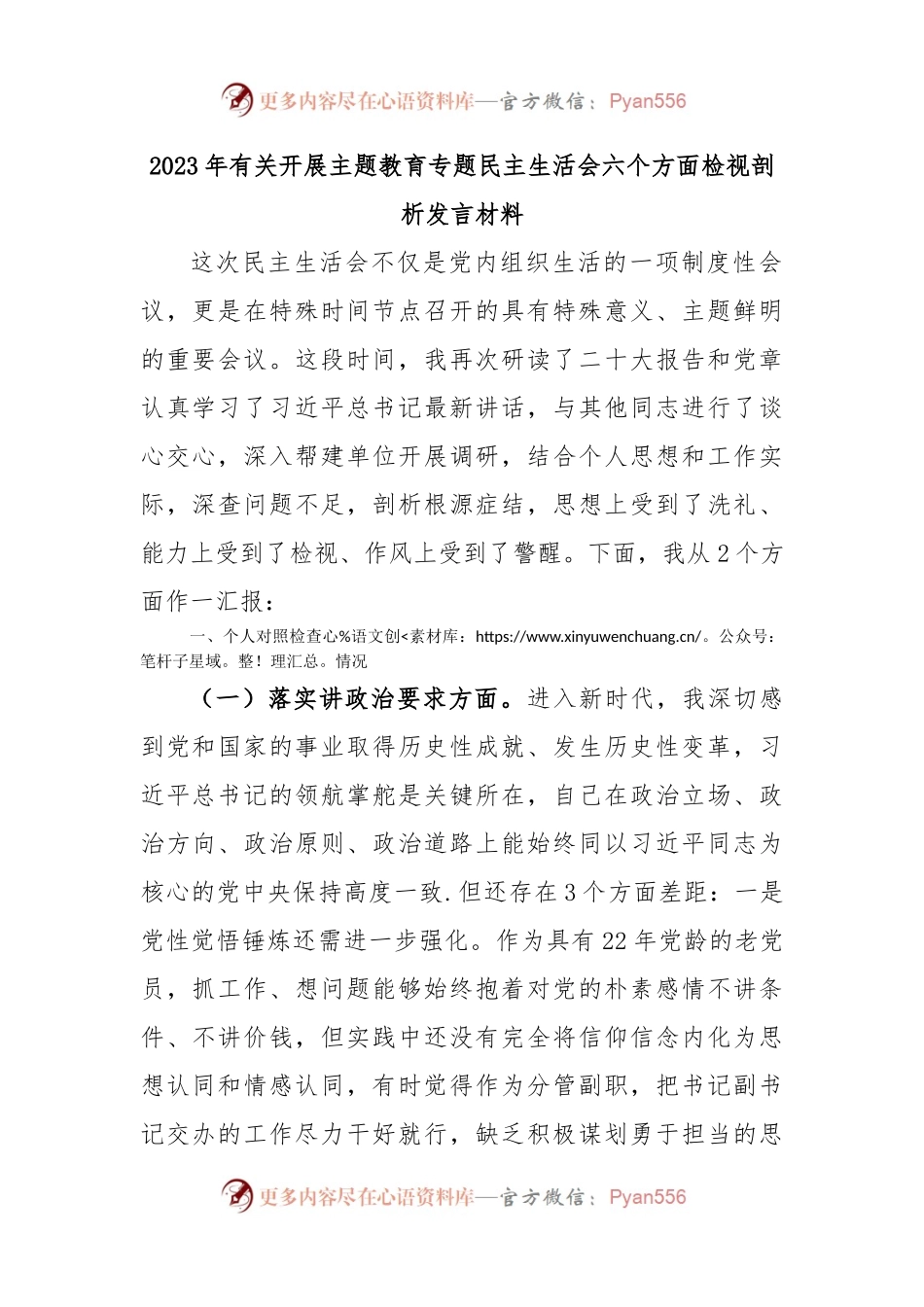 2023年有关开展主题教育专题民主生活会六个方面检视剖析发言材料.docx_第1页