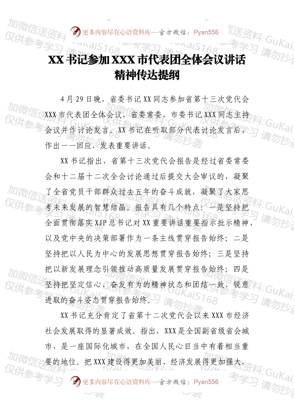 XX书记参加XXX市代表团全体会议讲话精神传达提纲.docx_第1页