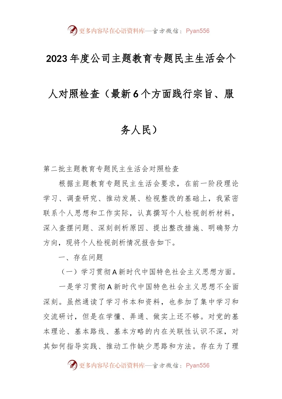 2023年度公司主题教育专题民主生活会个人对照检查（最新6个方面践行宗旨、服务人民）.docx_第1页