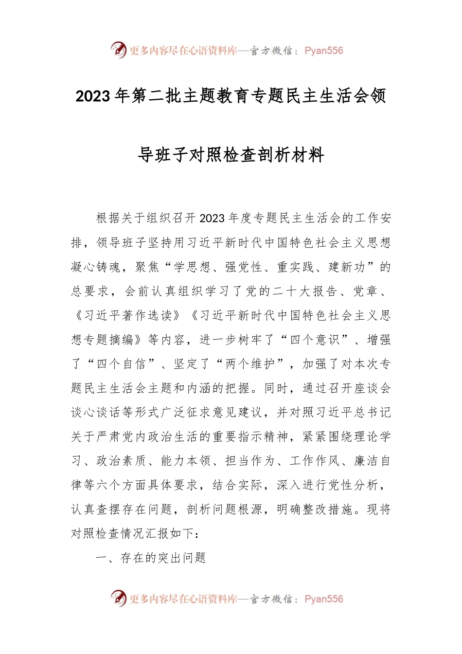 2023年第二批主题教育专题民主生活会领导班子对照检查剖析材料.docx_第1页