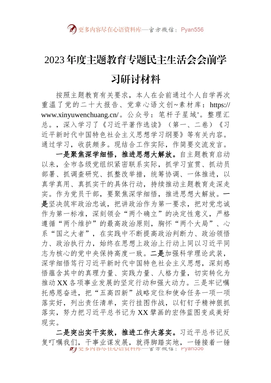 2023年度主题教育专题民主生活会会前学习研讨材料.docx_第1页