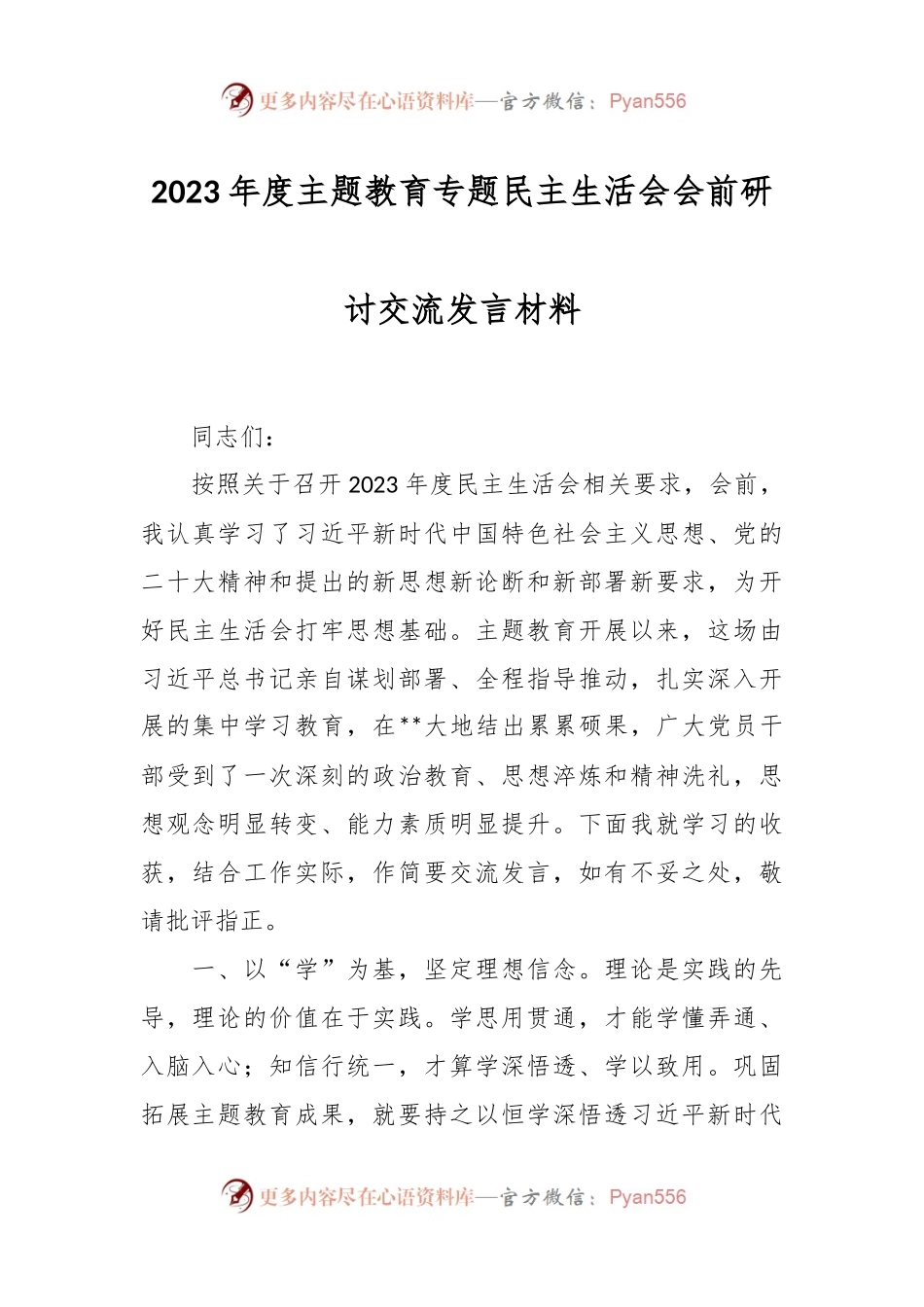 2023年度主题教育专题民主生活会会前研讨交流发言稿材料.docx_第1页