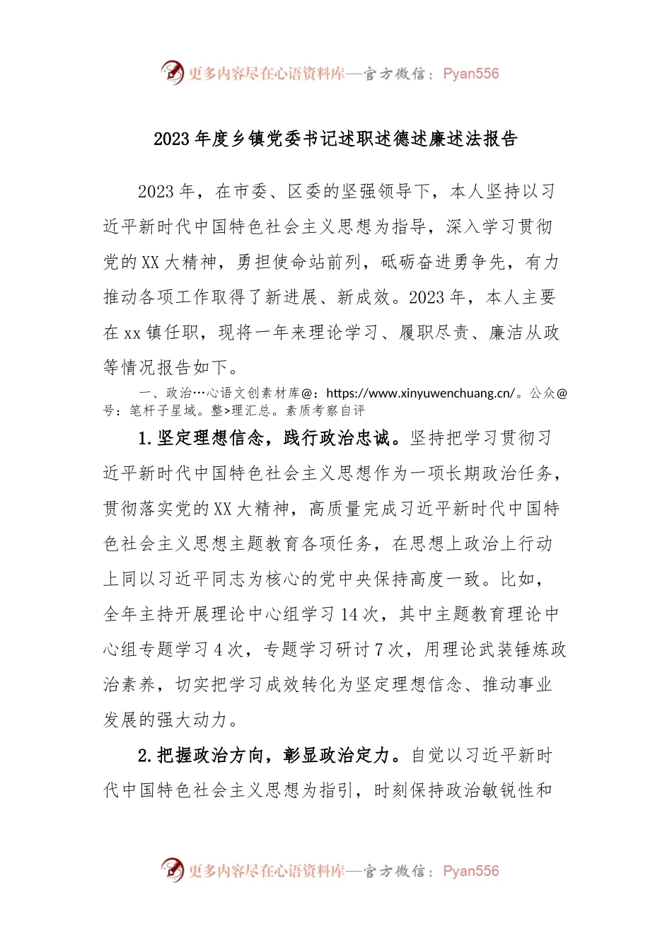 2023年度乡镇党委书记述职述德述廉述法报告.docx_第1页