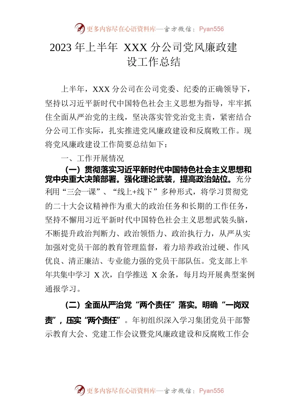 XX分公司2023年上半年党风廉政建设工作总结 2023.06.27.docx_第1页
