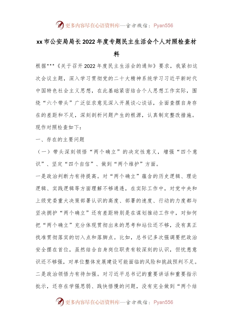 xx市公安局局长2022年度专题民主生活会个人对照检查材料.docx_第1页