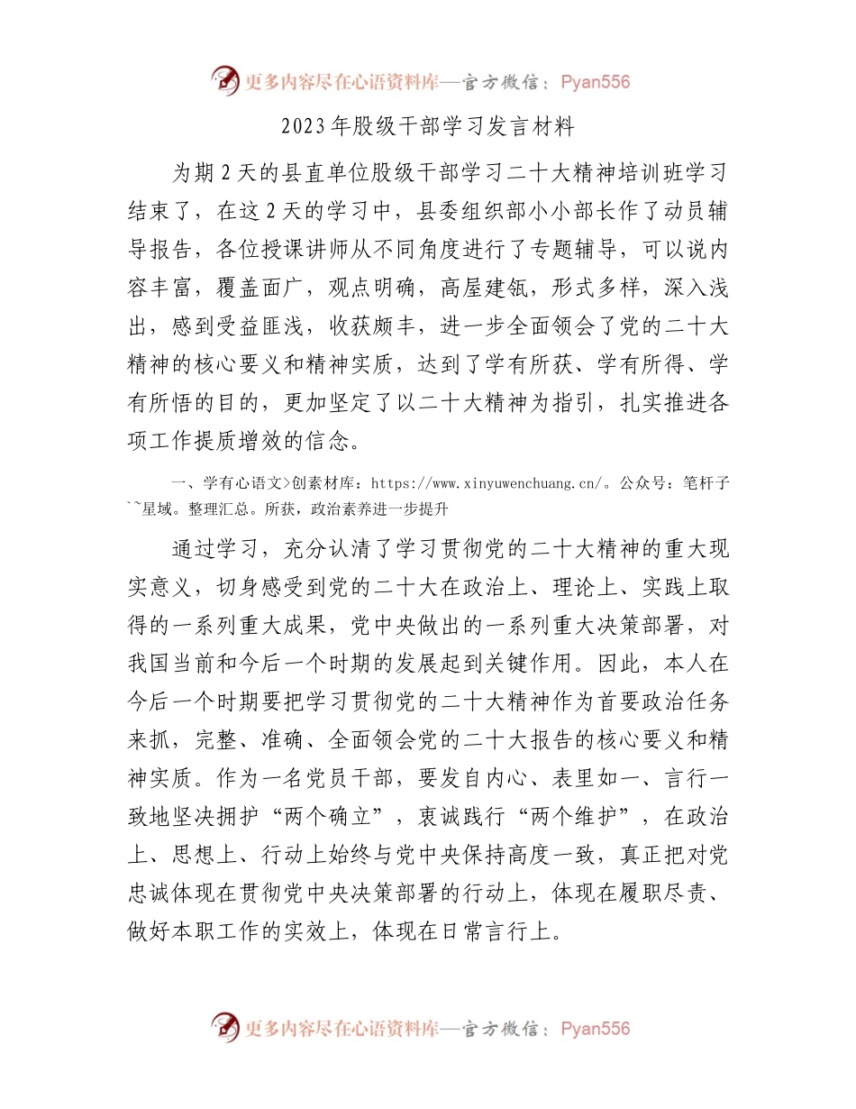 2023年股级干部学习发言材料.docx_第1页