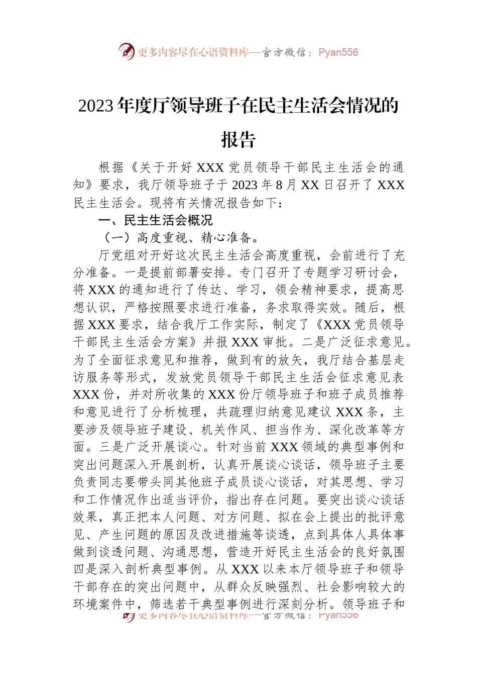 2023年度厅领导班子在民主生活会情况的报告.docx_第1页
