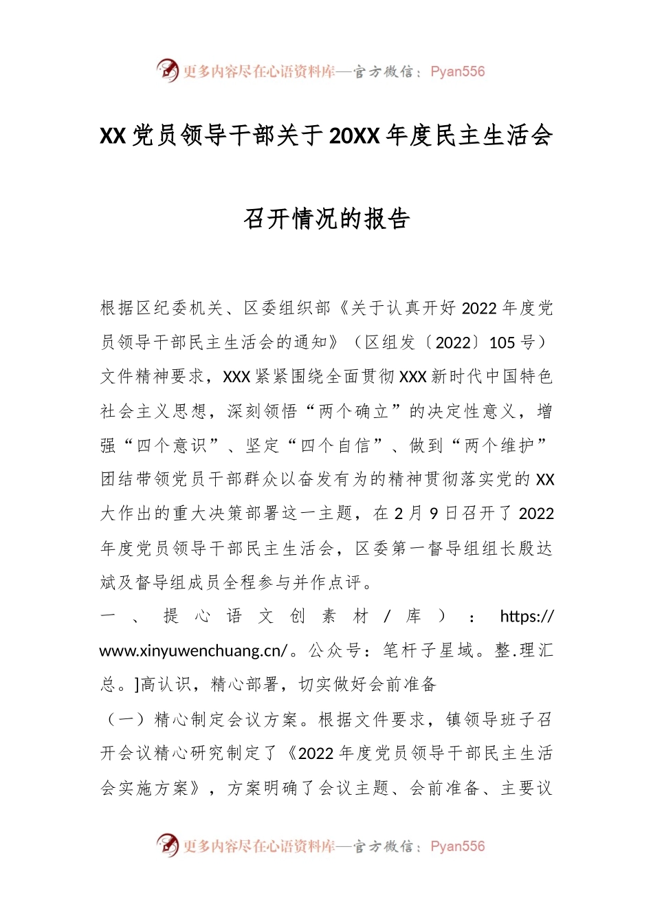 XX党员领导干部关于20XX年度民主生活会召开情况的报告.docx_第1页