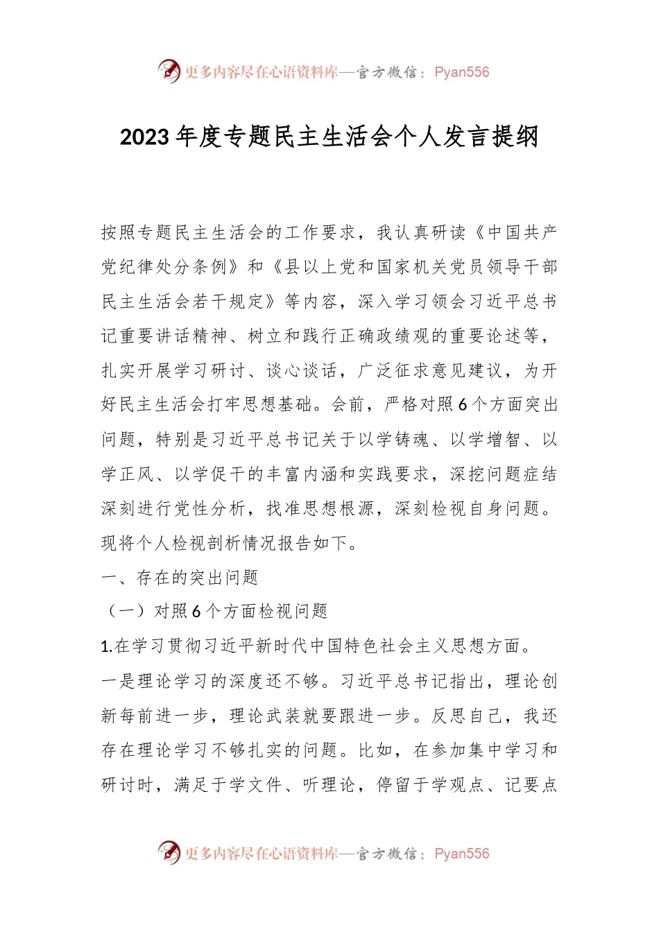 2023年度专题民主生活会个人发言稿提纲.docx_第1页