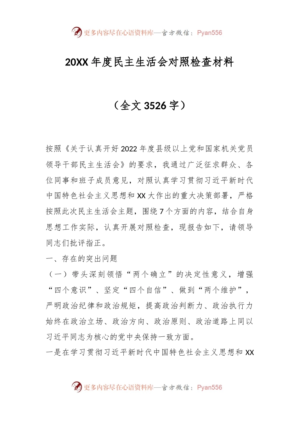 20XX年度民主生活会对照检查材料（全文3526字）.docx_第1页