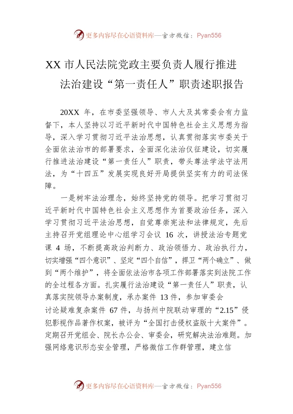 XX市人民法院党政主要负责人履行推进法治建设“第一责任人”职责述职报告（20220425）.docx_第1页