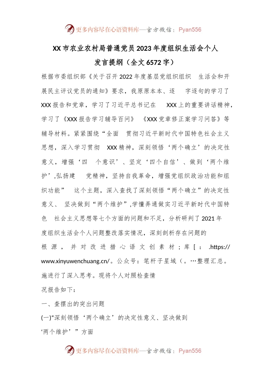 XX市农业农村局普通党员2023年度组织生活会个人发言提纲（全文6572字）.docx_第1页