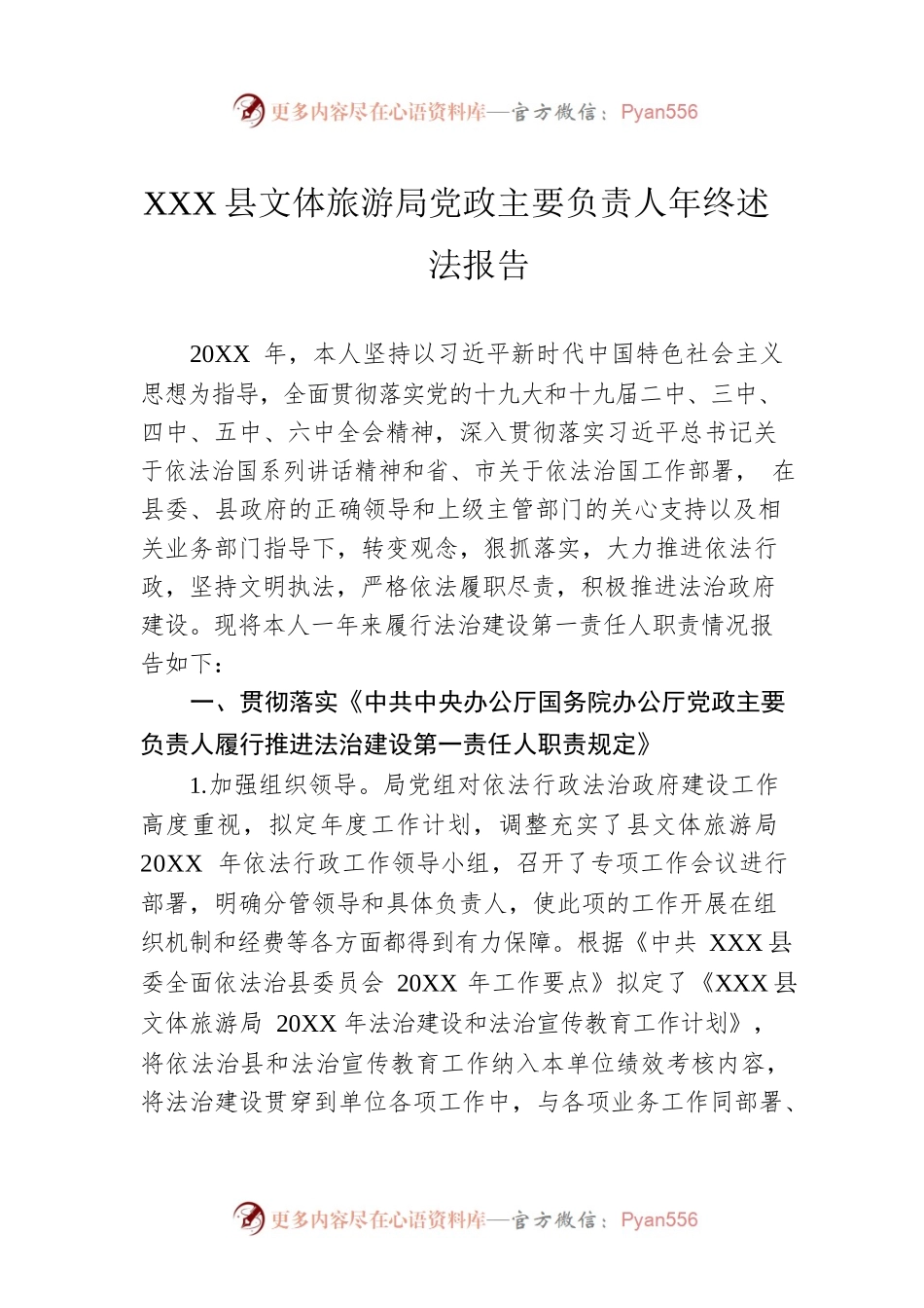 XX县文体旅游局党政主要负责人年终述法报告（202202X6）.docx_第1页