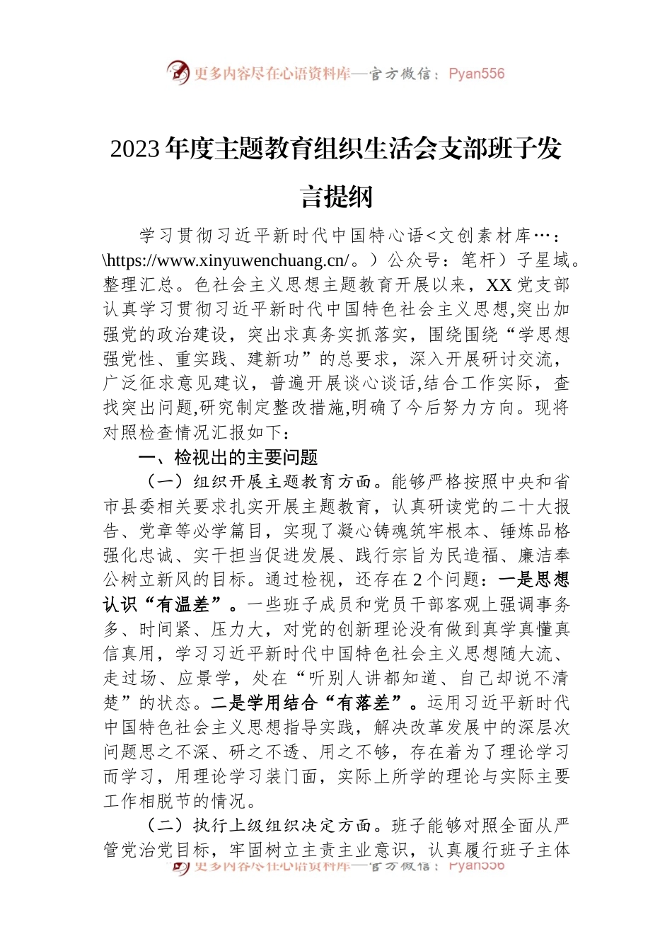2023年度主题教育组织生活会支部班子发言稿提纲.docx_第1页
