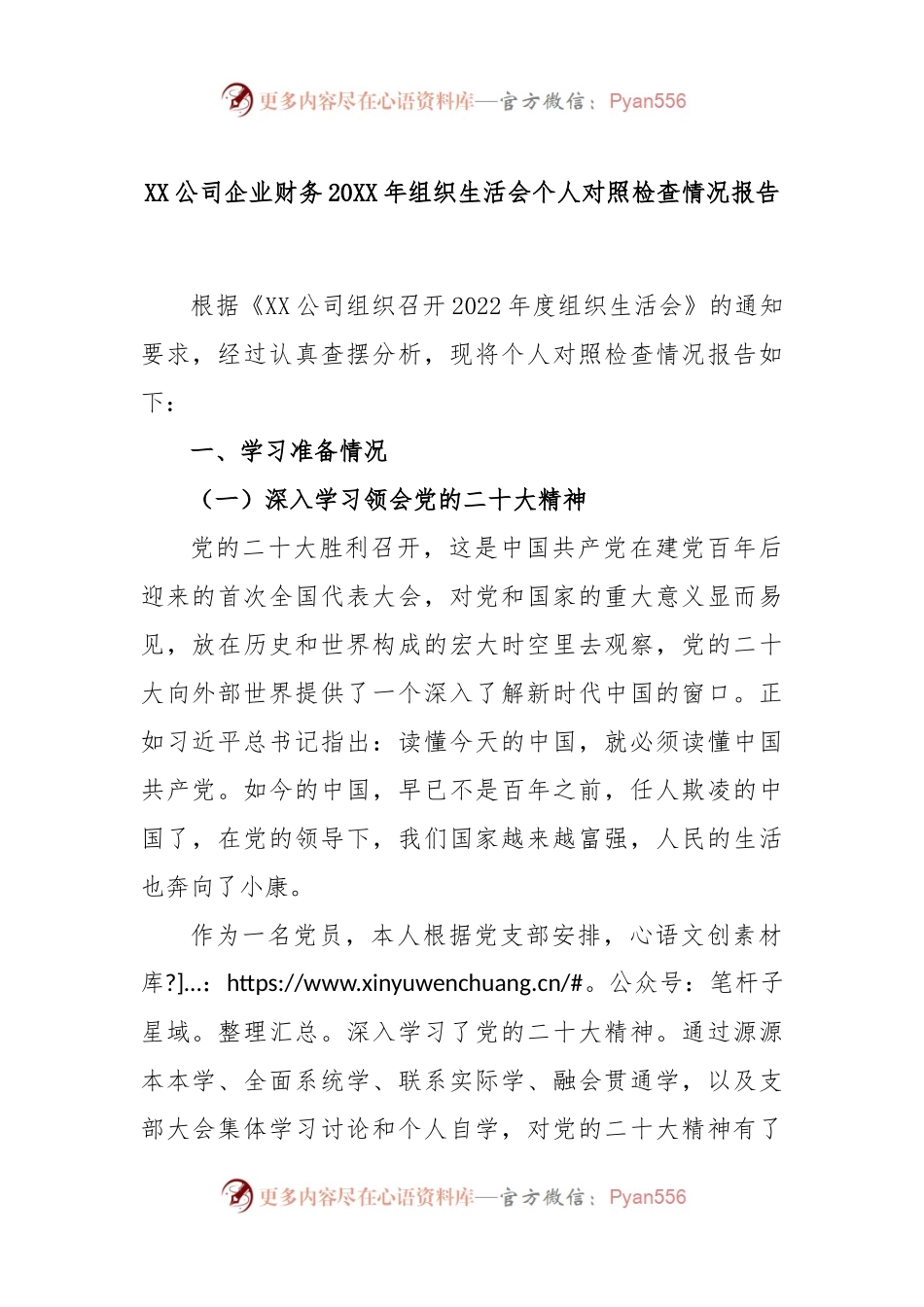 XX公司企业财务2022年组织生活会个人对照检查情况报告.docx_第1页