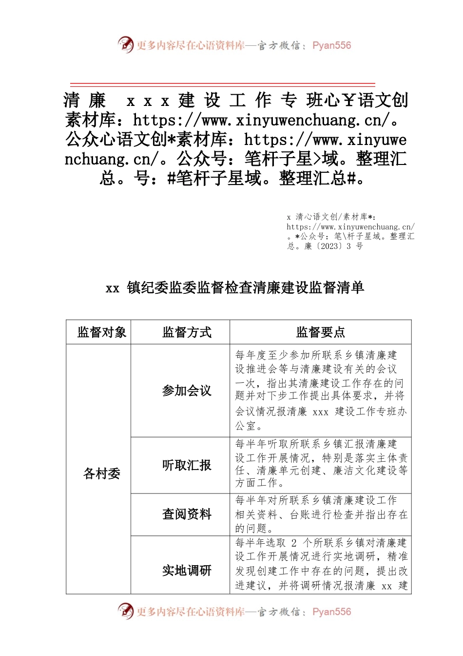 xxx镇纪委监委监督检查室清廉建设监督清单.docx_第1页