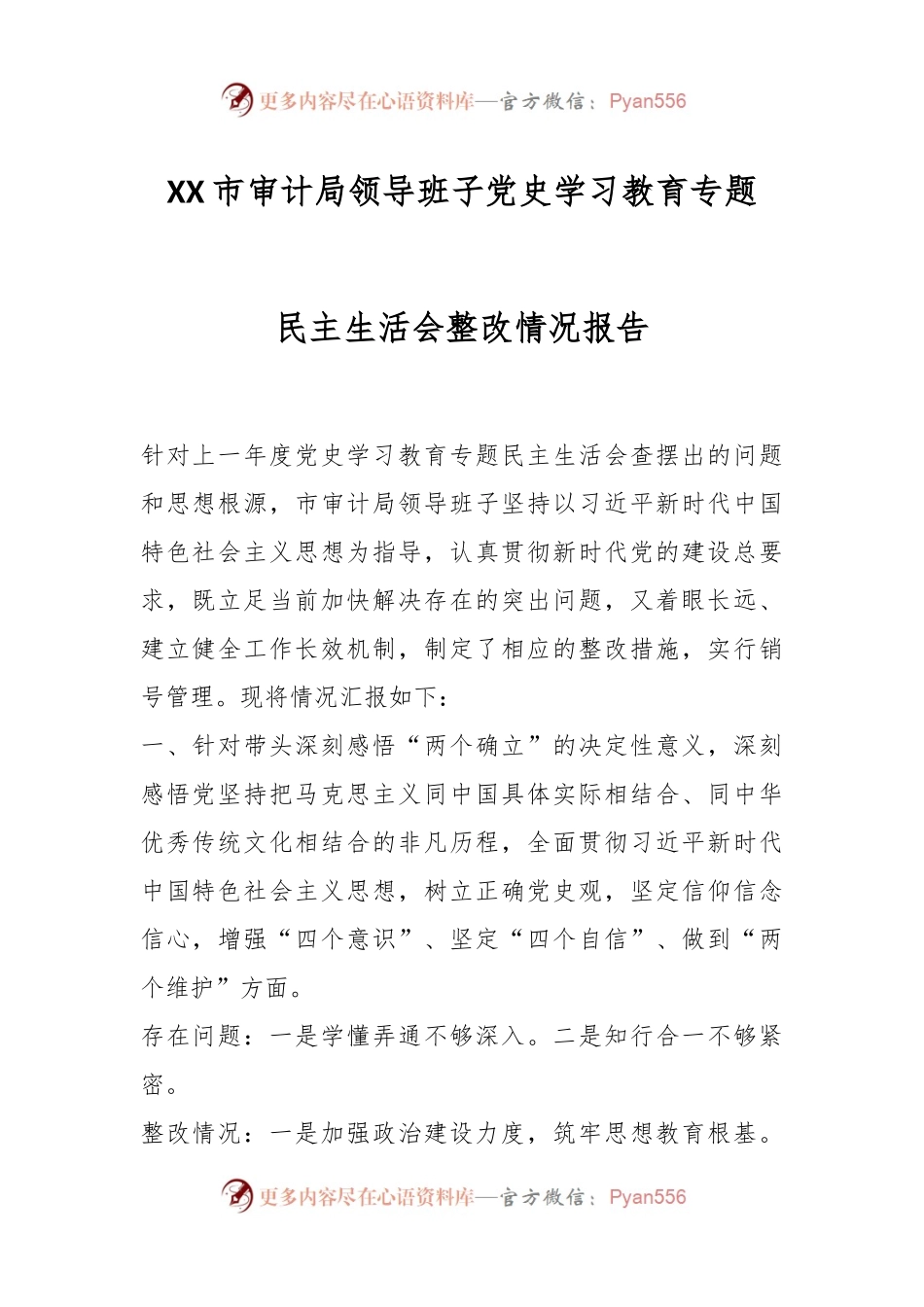 XX市审计局领导班子党史学习教育专题民主生活会整改情况报告.docx_第1页