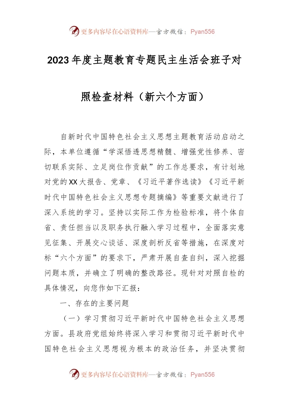 2023年度主题教育专题民主生活会班子对照检查材料（新六个方面）.docx_第1页