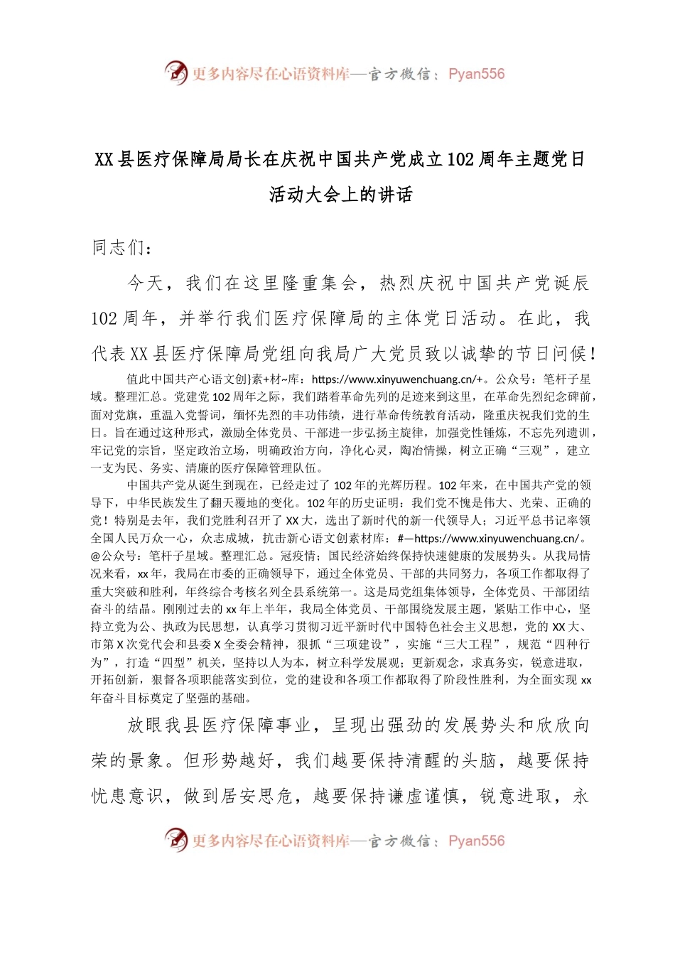 XX县医疗保障局局长在庆祝中国共产党成立102周年主题党日活动大会上的讲话.docx_第1页