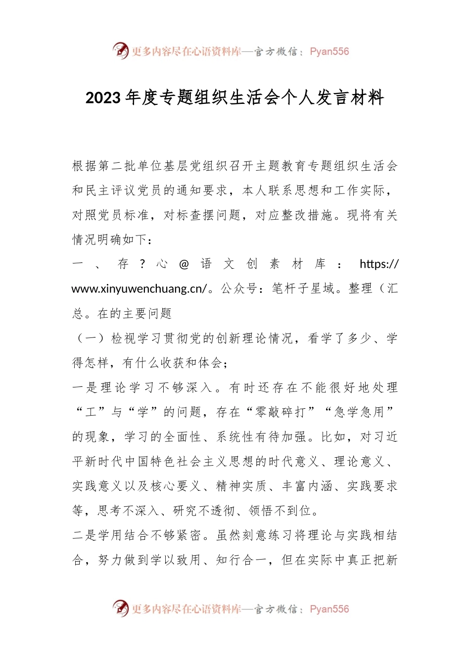 2023年度专题组织生活会个人发言稿材料.docx_第1页