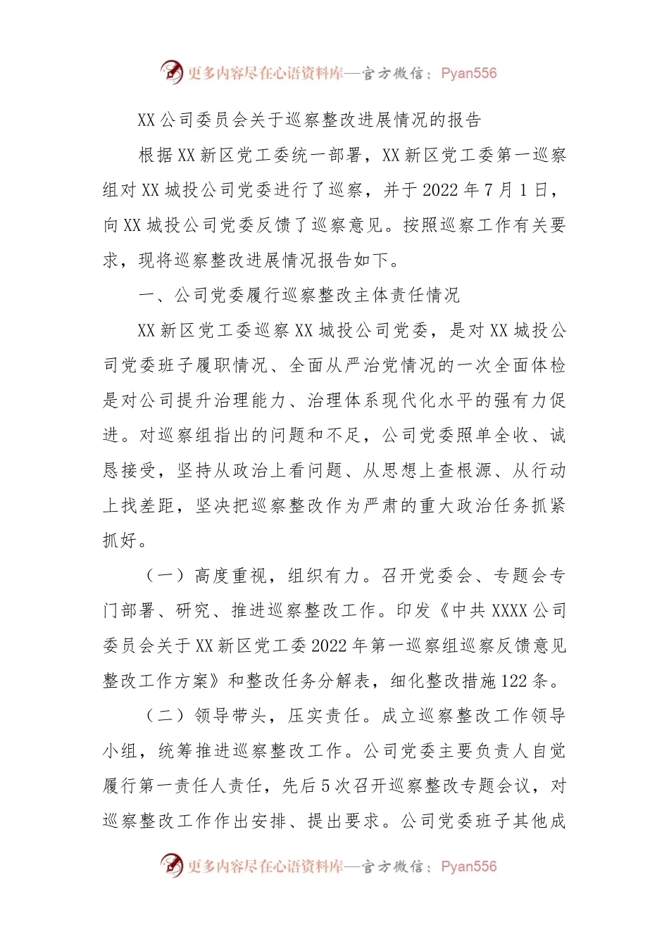 XX公司委员会关于巡察整改进展情况的报告.docx_第1页