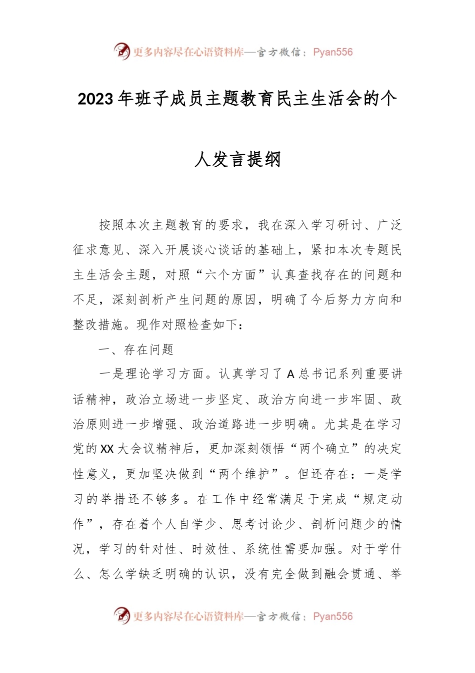 2023年班子成员主题教育民主生活会的个人发言提纲.docx_第1页