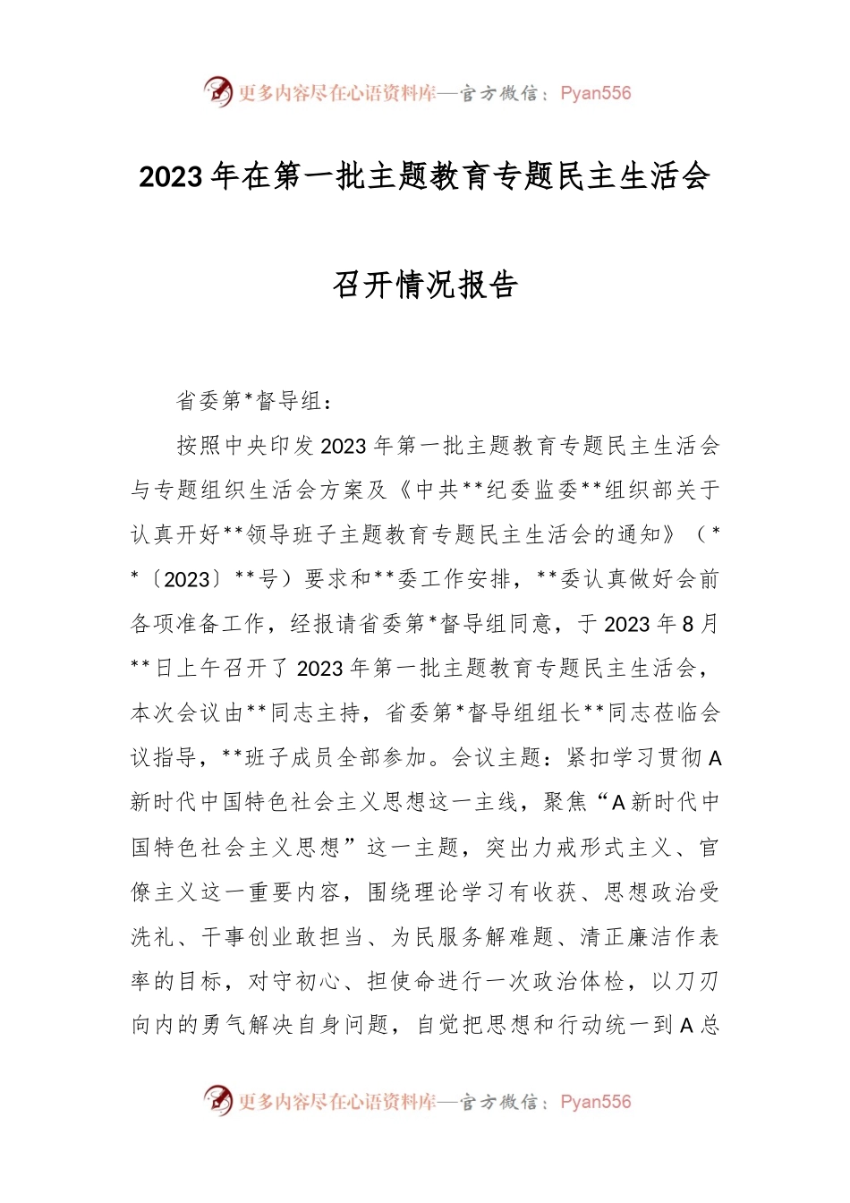2023年在第一批主题教育专题民主生活会召开情况报告.docx_第1页