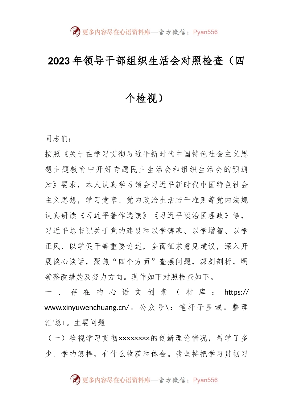 2023年领导干部组织生活会对照检查（四个检视）.docx_第1页