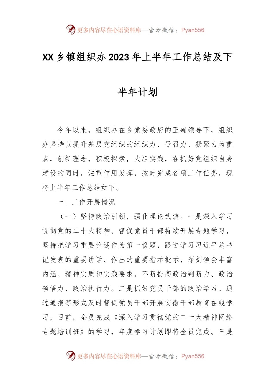 XX乡镇组织办2023年上半年工作总结及下半年计划.docx_第1页