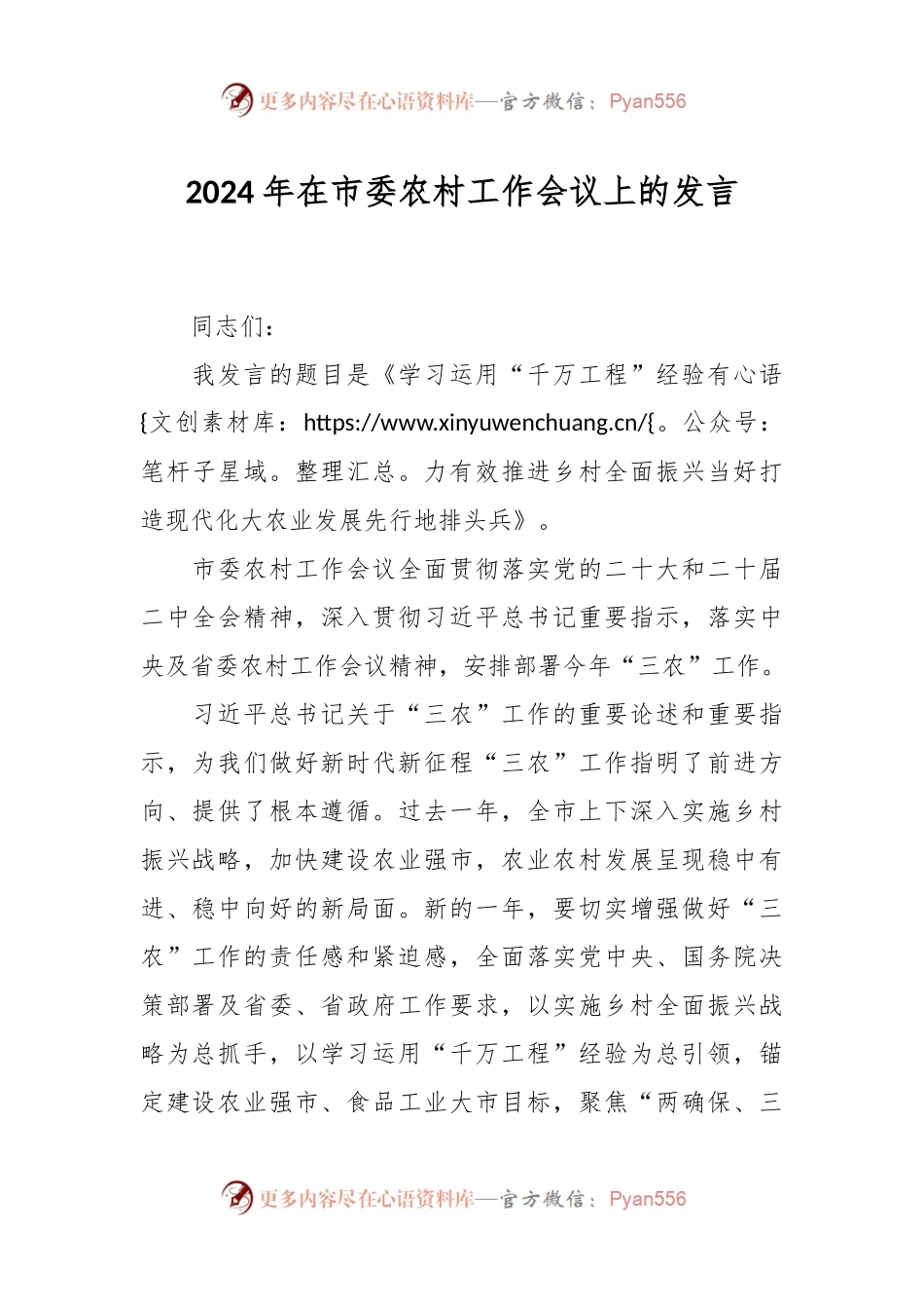 2024年在市委农村工作会议上的发言稿.docx_第1页