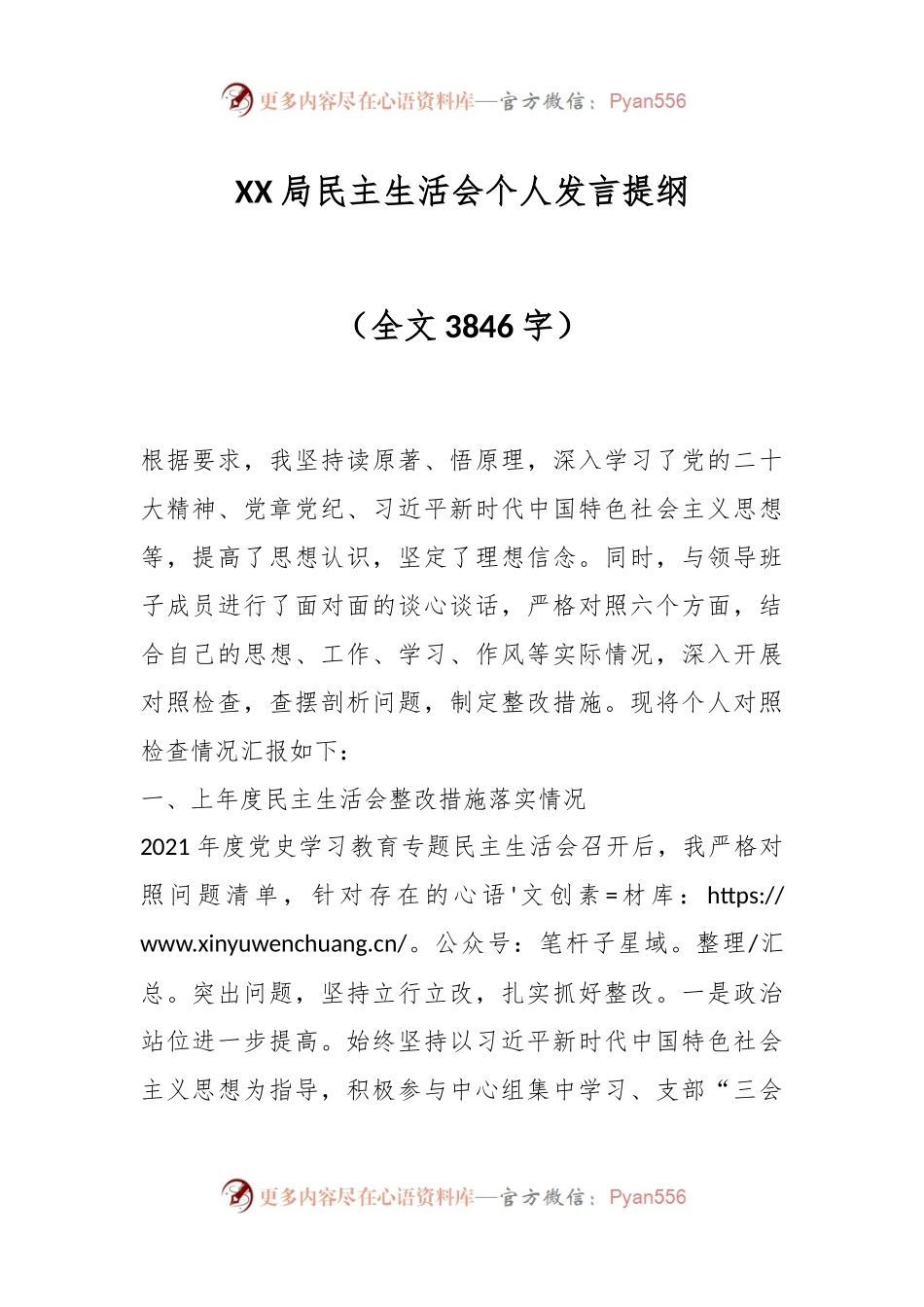 XX局民主生活会个人发言提纲（全文3846字）.docx_第1页