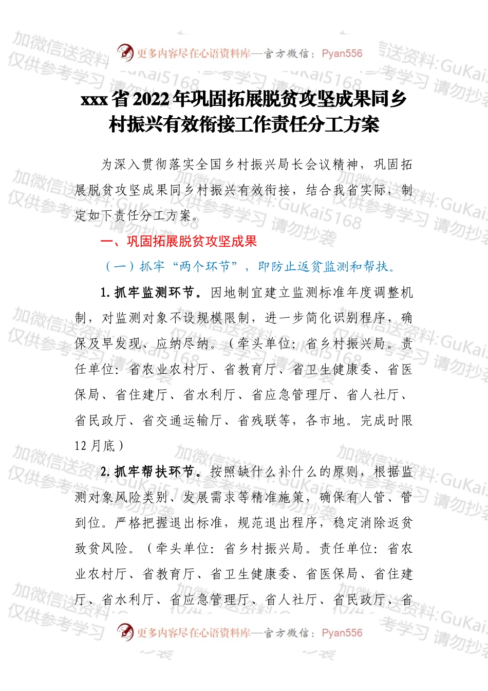 xxx省2022年巩固拓展脱贫攻坚成果同乡村振兴有效衔接工作责任分工方案.docx_第1页