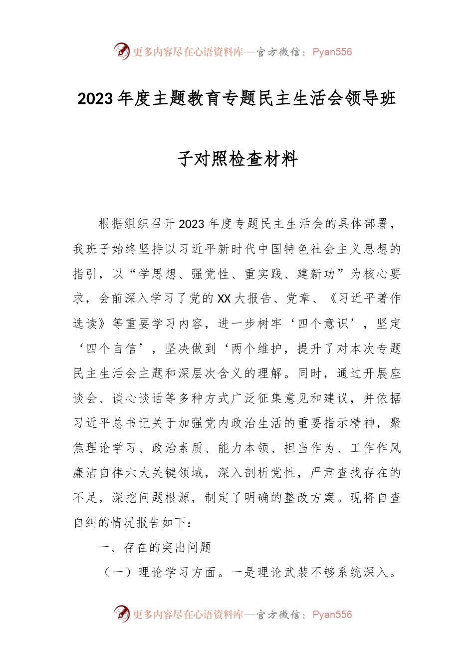 2023年度主题教育专题民主生活会领导班子对照检查材料.docx_第1页
