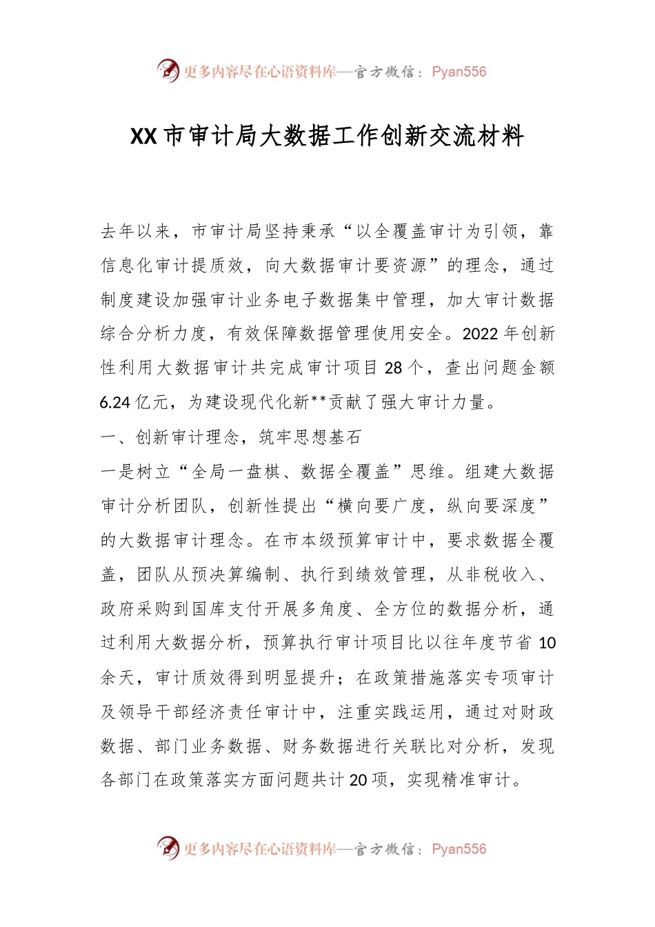 XX市审计局大数据工作创新交流材料.docx_第1页
