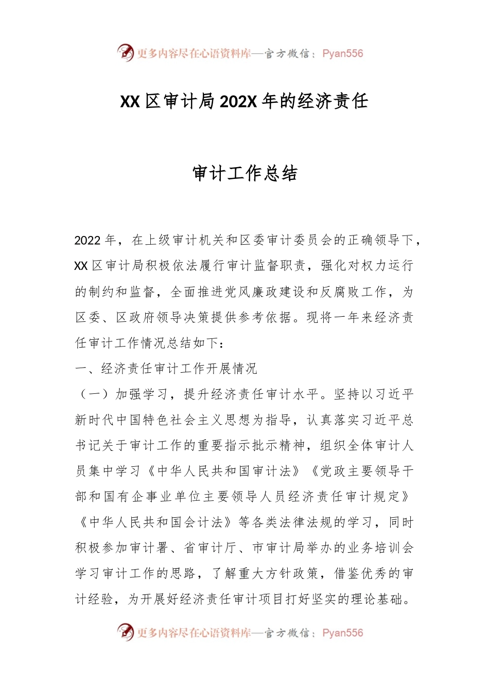 XX区审计局202X年的经济责任审计工作总结.docx_第1页