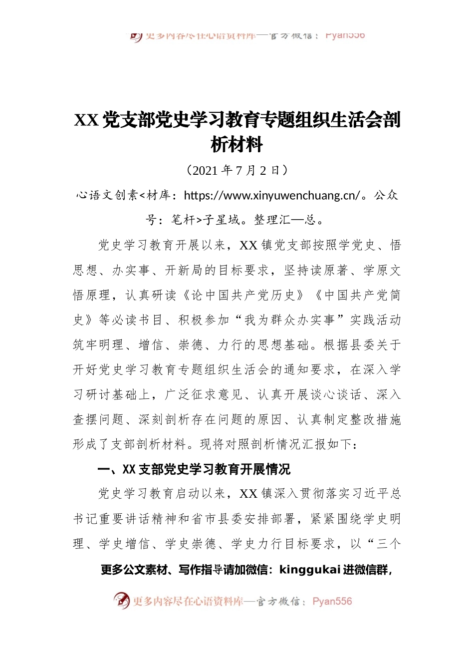 XX党支部dangshi学习教育专题组织生活会剖析材料.docx_第1页