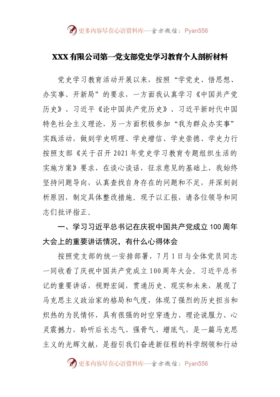 XXX有限公司第一党支部党史学习教育个人剖析材料.docx_第1页