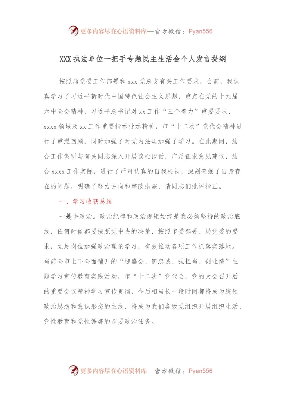 XXX执法单位一把手专题民主生活会个人发言提纲.docx_第1页
