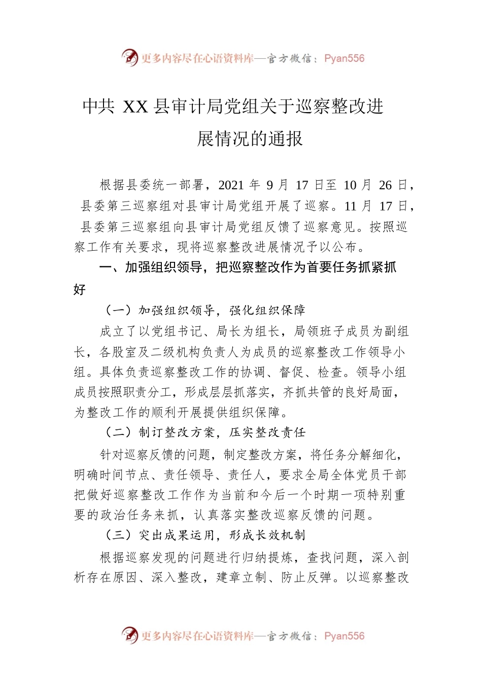 XX县审计局党组关于巡察整改进展情况的通报（20230103）.docx_第1页