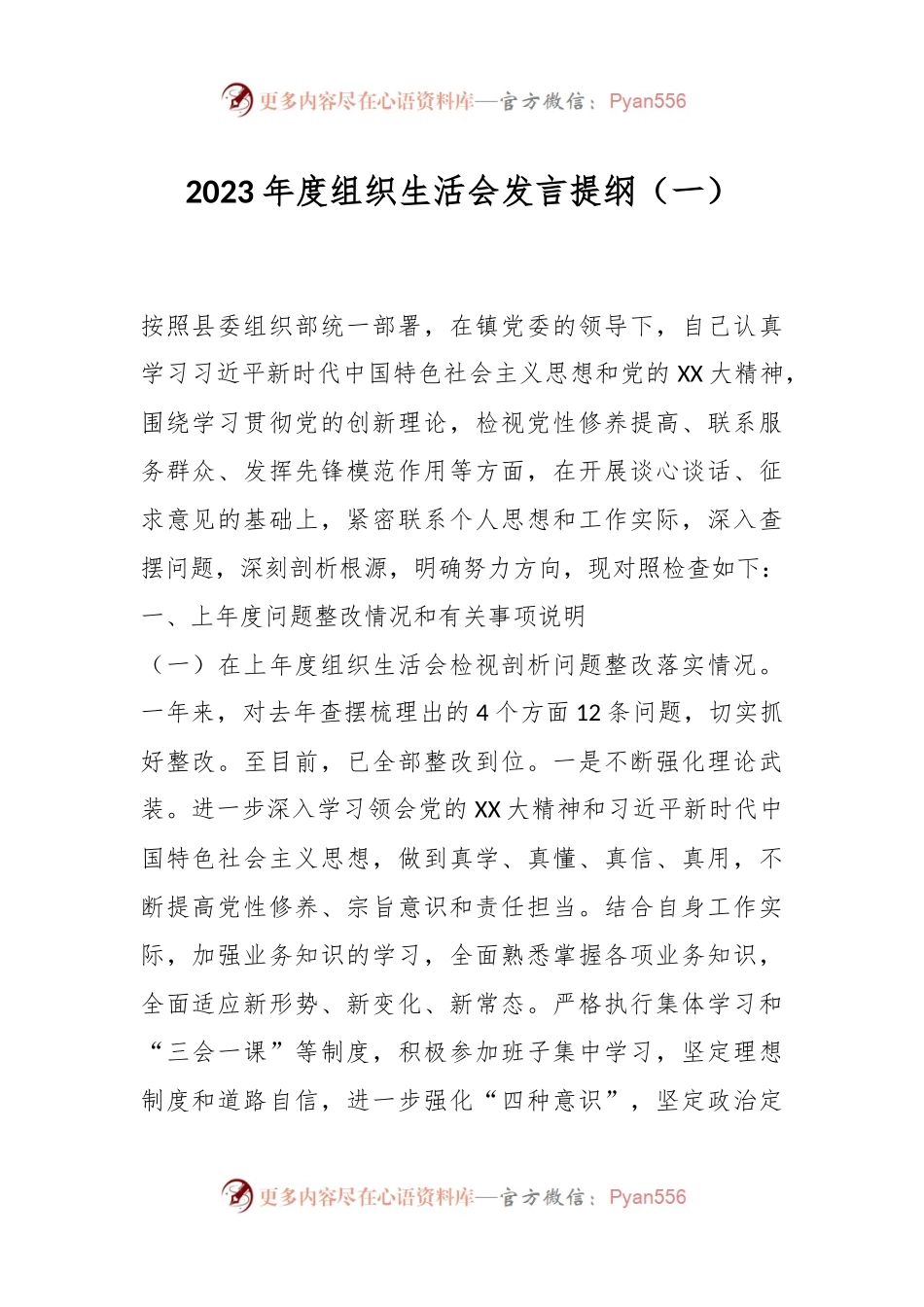 2023年度组织生活会发言稿提纲（一）.docx_第1页